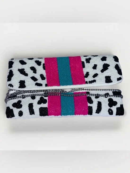 Beaded NWOT Viral Dalmatian Print Clutch/Crossbody Pink/Teal Stripes - Picture 7 of 7